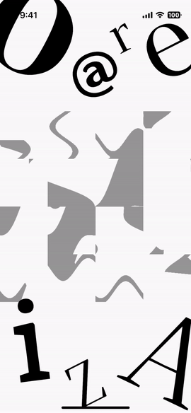 益智游戏应用程序中应用的可变字体和着色器效果（在图块上）。此屏幕上的字母在 “光学尺寸（optical size）” 轴上动画。